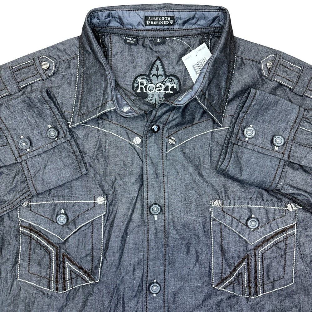 NEW Roar‎ embroidered shirt men's large gray long sleeve western grunge y2k rock
